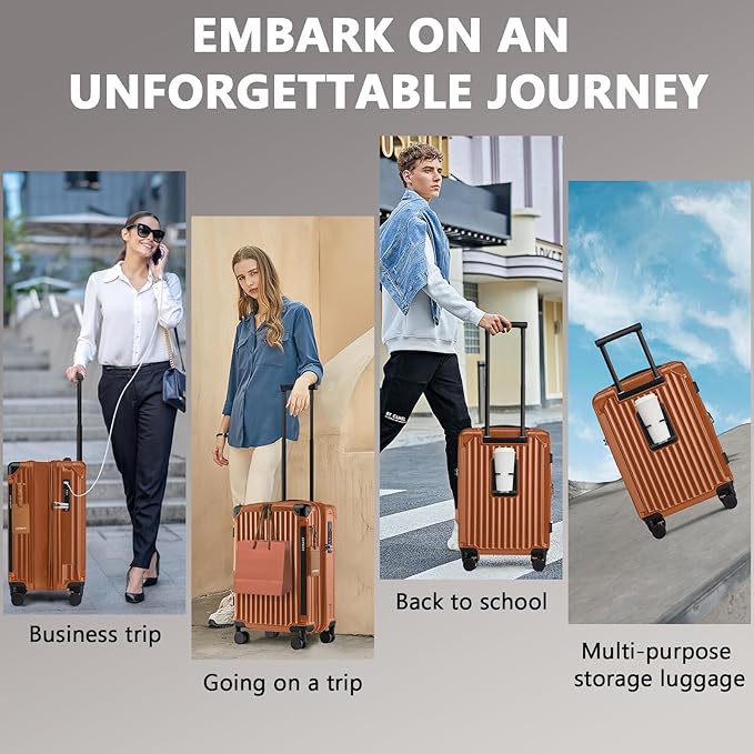 Joyway 20in Carry On Luggage with Cup Holder and USB Port, 25% Expandable Capacity, Smart Suitcase Set with Anti Slip Wheels and Handbag, Perfect for Men and Women (Brown, Carry-On 20-Inch Handbag)