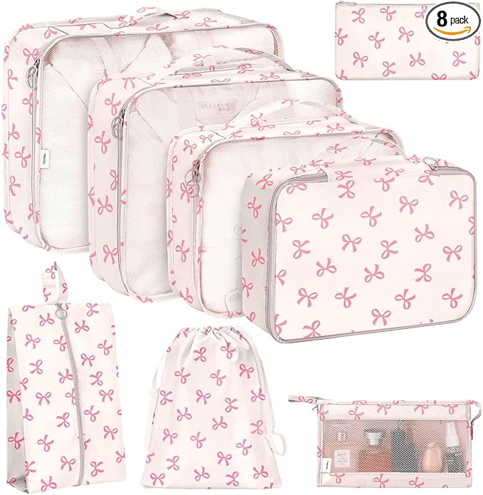 KPX 8 Set Packing Cubes for Travel, Luggage Packing Organizers Accessories Large Toiletries Bag for Clothes Shoes Cosmetics (8Set-Pink Bow)