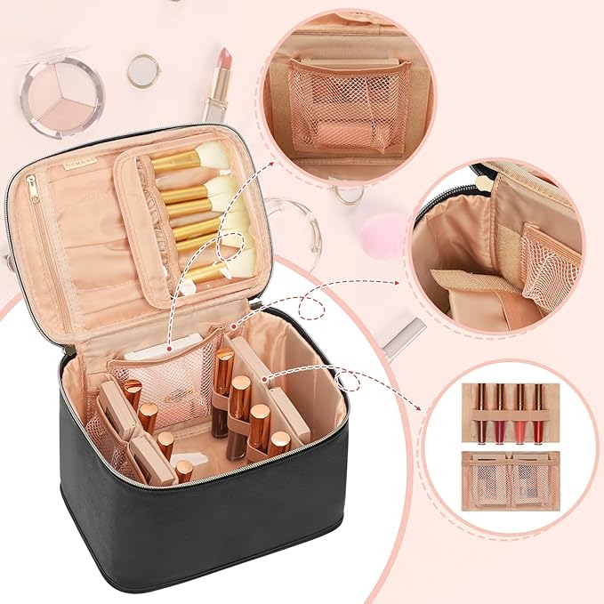 OCHEAL Travel Makeup Bag, Cosmetic Bags for Women Makeup Case Organizer Large Capacity Travel Toiletry Bag Storage Bags with Divider and Handle for Cosmetics Toiletries Brushes Tools-Large, Black