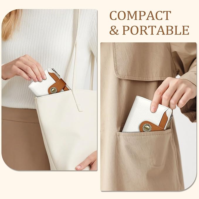 Icycay Beige Small Wallet Women RFID Blocking Bifold, Credit Card Holder, Zipper Coin Pocket, PU Leather, Compact, Travel, 4 ID Window, 14 Card Slots, Cash Purse, Ladies Woman Female Girls