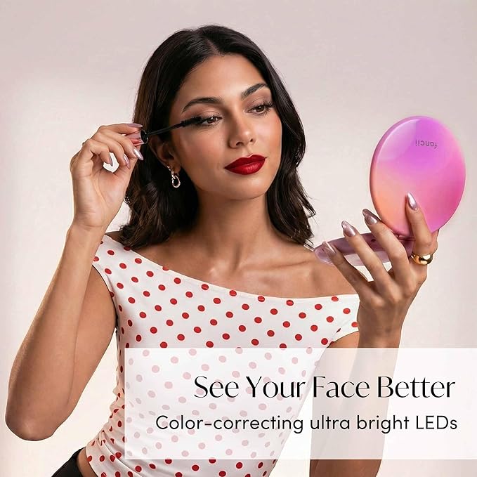 Fancii Taylor LED Lighted Travel Makeup Mirror, Rechargeable, 10x /1x Magnifying, Tru-Glow Lighting System, XL Large 5” Wide | Compact Mirror for Purses (Berry Lemonade)
