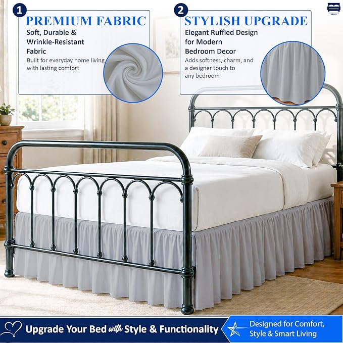 Cottingon Ruffled Bed Skirt with Split Corners-Dust Ruffle - 18" Drop 100% Microfiber Soft,Sheen & Luxurious Look - Bed Skirts (Light Grey -King)