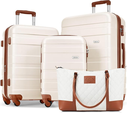 Merax 4 Piece Set ABS Hardside Suitcase Set Lightweight, Tough Scratch Resistant, Black Brown Stripe, 4-Piece Set