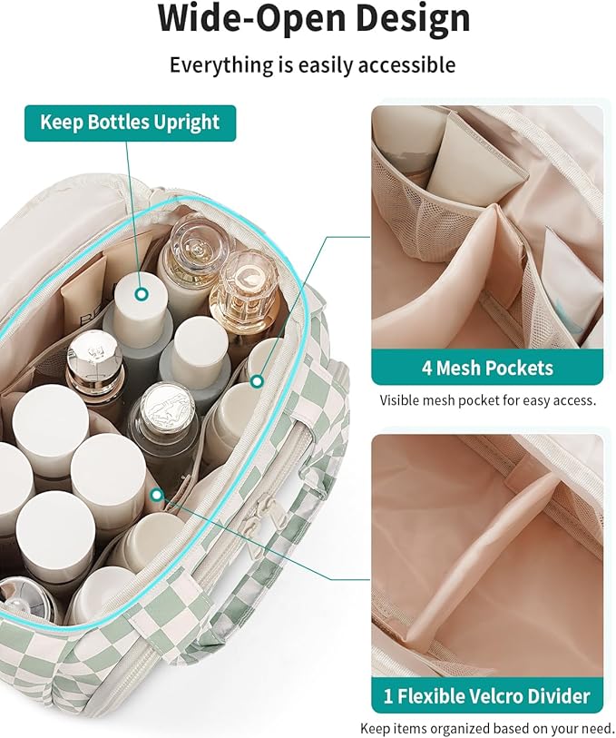 Narwey Checkered Travel Toiletry Bag for Women Large Makeup Bag, Wide-open Cosmetic Make Up Organizer with Handle, Travel Bag for Toiletries, Essentials, Accessories (Mint Green Checkerboard)