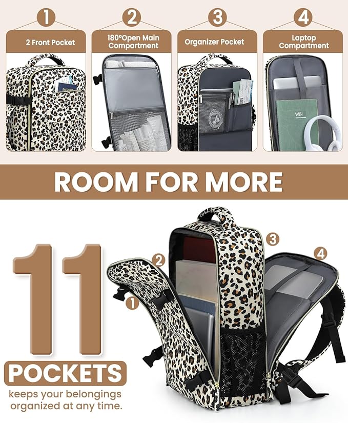 Pritent Travel Backpack for Women Man, Waterproof Personal Item Travel Bag Airline Approved Laptop Backpack Bookbag Weekender bags for Business,Travel, Work Fits 15.6 inch Laptop(Medium,Leopard)
