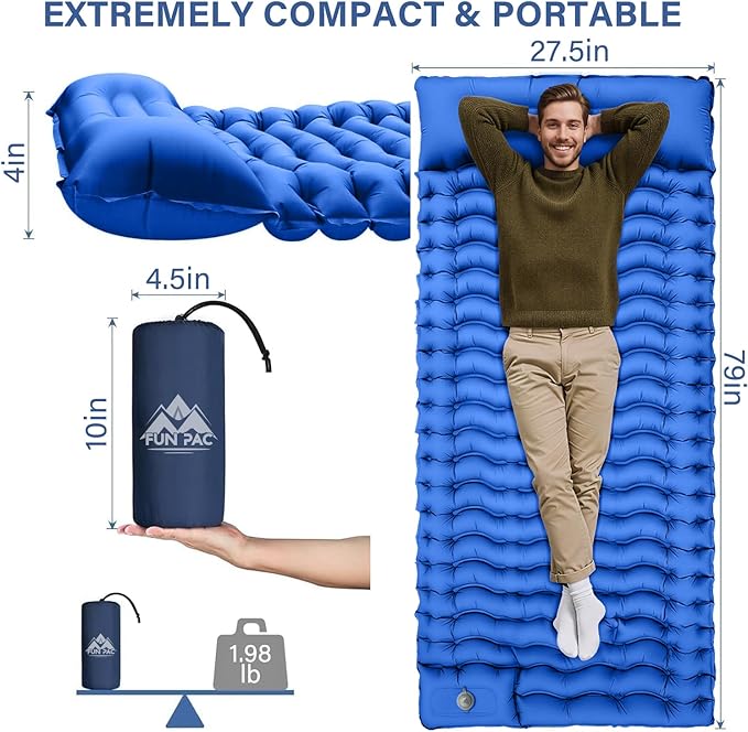 Camping Sleeping Pad with Pillow Built-in Foot Pump Inflatable Sleeping Mat Compact for Camping Backpacking Hiking Traveling - Blue