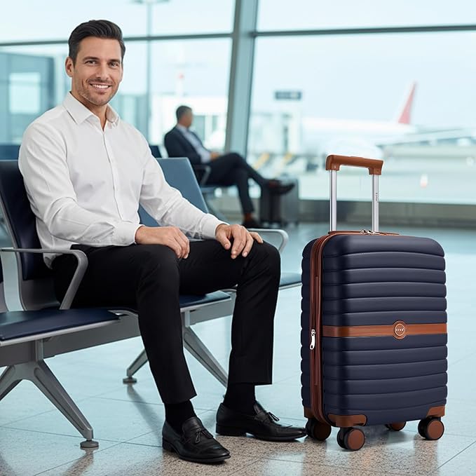 Kono Expandable 28 Inch Luggage with Spinner Wheels, Large Checked Luggage with Lock, Lightweight & Anti-Scratch PC+ABS Hardshell Travel Suitcase, Navy/Brown