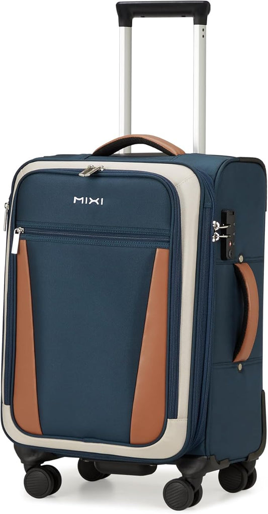 mixi Carry On Luggage 20 Inch Softside Expandable Suitcase with Front Pocket, 22x14x9 Airline Approved Rolling Lightweight Travel Suitcases with Wheels & TSA (Deep Blue-Off White)