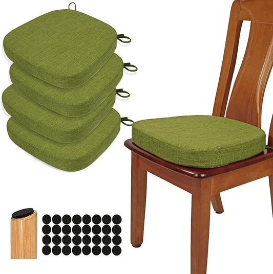 BUYUE Thickened 2.5" Dining Chair Cushions Set of 4, U-Shape High Density Foam Comfortable Chair Pads for Kitchen, Slip Resistant Indoor Seat Cushions (4 PCS, Grass Green)