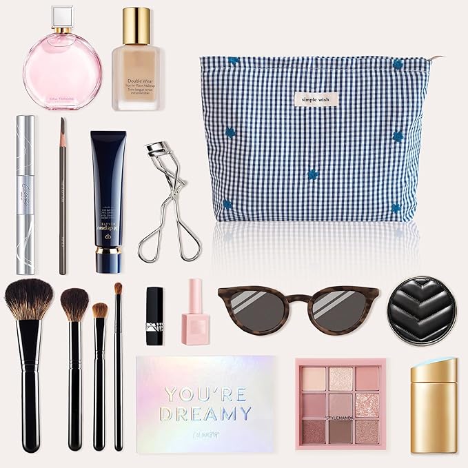 Wudygirl Cute Makeup Bag for Women - Travel Cosmetic Bag with Zipper Makeup Pouch Floral Make up Organizer Handbag Aesthetic (Navy BLue Checkered)