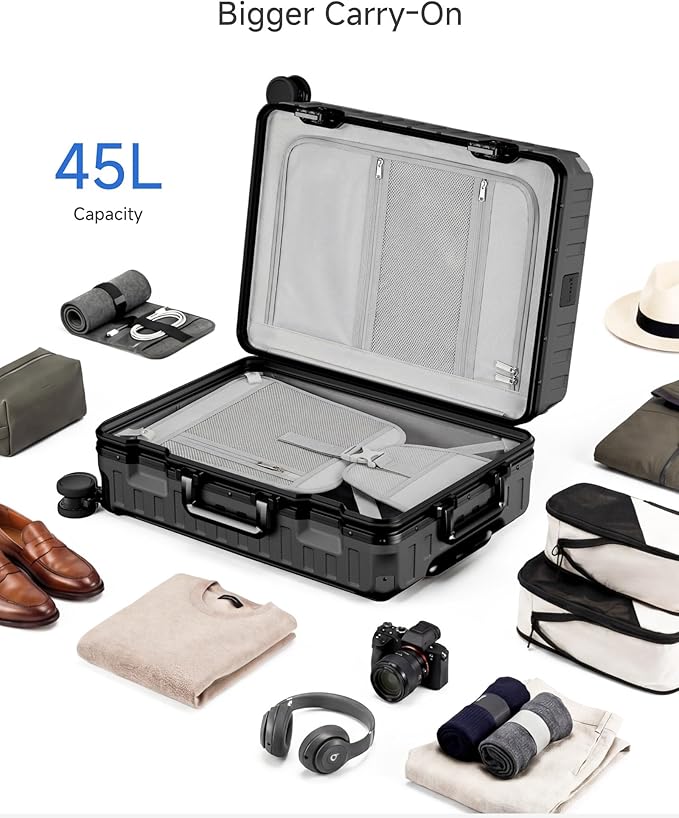 LUGGEX Carry On Luggage with Spinner Wheels, 8010S Aluminum Frame Zipperless Polycarbonate Hard Shell Suitcase with Packing Cubes and Shoe Bag (ZX-Core, Black, 21 Inch)