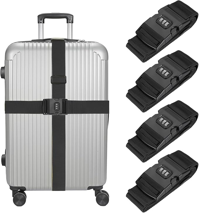 MECCANIXITY Luggage Straps with Combination Lock Adjustable Suitcase Belt Strap for Suitcase Briefcase Backpack Travel, Black, Pack of 4