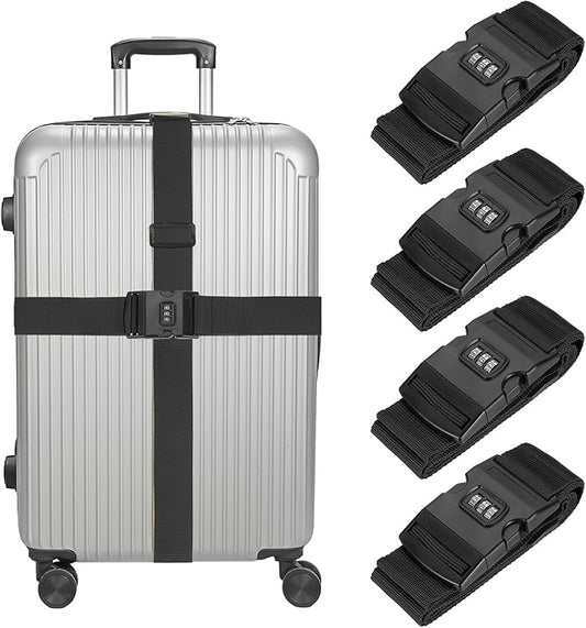 MECCANIXITY Luggage Straps with Combination Lock Adjustable Suitcase Belt Strap for Suitcase Briefcase Backpack Travel, Black, Pack of 4