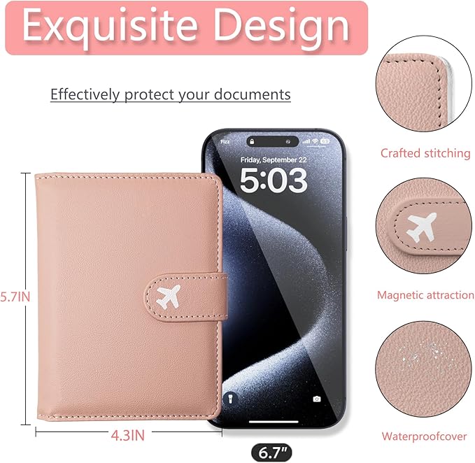 Passport Holder, Travel Wallet Cover with Pen Loop | Cute RFID Blocking Leather Case with Magnetic Closure for Travel Essentials-Pink