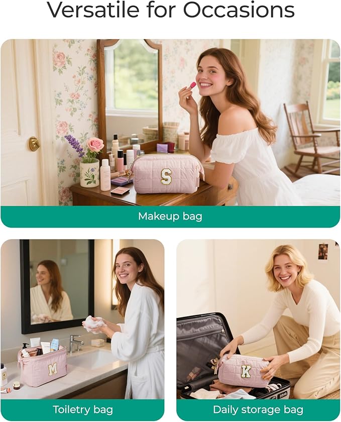 BAGSMART Birthday Gifts Personalized Initial Makeup Bag, Trendy Stuff Gifts for Women Bridesmaid Graduation, Puffy Padded Make Up Bags for Women, Wide-open Toiletry Bag, Pink E