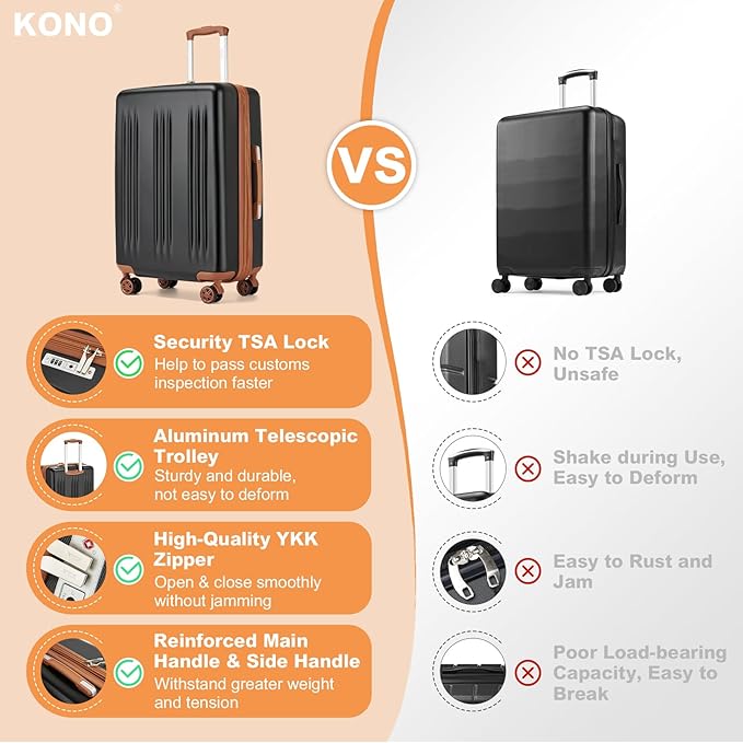 Kono Lightweight 28 Inch Expandable Luggage with Quiet Spinner Wheels TSA Lock, Scratch and Drop Resistant PC+ABS Hardside Durable Large Checked Suitcase, Black & Brown