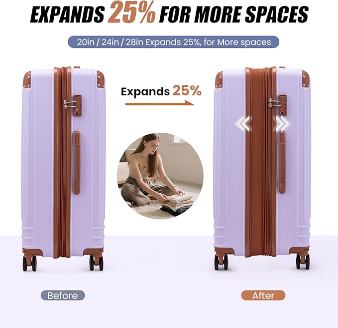 KUNEL Expandable 5 Piece Luggage Sets with Detachable Spinner Wheels and TSA Lock, Unisex Hardside ABS Suitcase Set, Hardshell Lightweight Waterproof Travel Hard Case Suitcases with Wheels, Purple