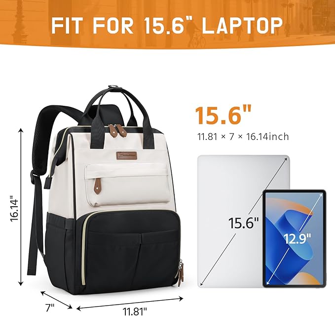 Maelstrom Laptop Backpack, Fits 15.6-17.3 Inch Travel Backpack Gift for Women Men, Waterproof College School Computer Bag, Anti-theft Business Work Bag with Luggage Strap (Black-Beige, 15.6 Inch)
