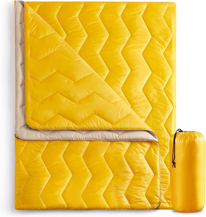UNIKOME Waterproof Puffy Camping Blanket - Lightweight Packable Outdoor Quilt with Corner Loops, Warm Compact Blanket for Cold Weather Hiking Picnic Stadium Travel, 75"×52", Yellow