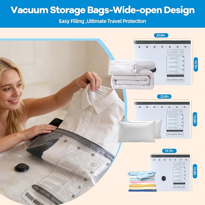 Vacuum Bags For Travel With Rechargeable Air Pump 15 Pack Compression Packing Bags for Luggage, Carry-On Space Saver for Clothes, Ideal for Dorm Living & Small Space Storage