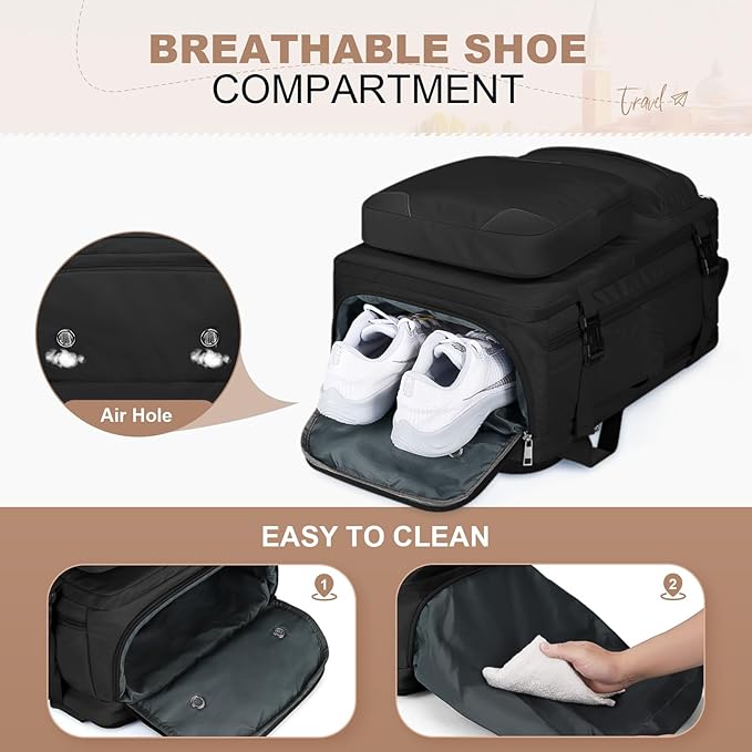 Maelstrom Travel Backpack for Women Men,25L Laptop Backpack Fits 15.6-Inch Laptop,Waterproof Carry On Backpack for Airplanes with Detachable Crossbody Bag & Shoe Compartment (Black, Medium)