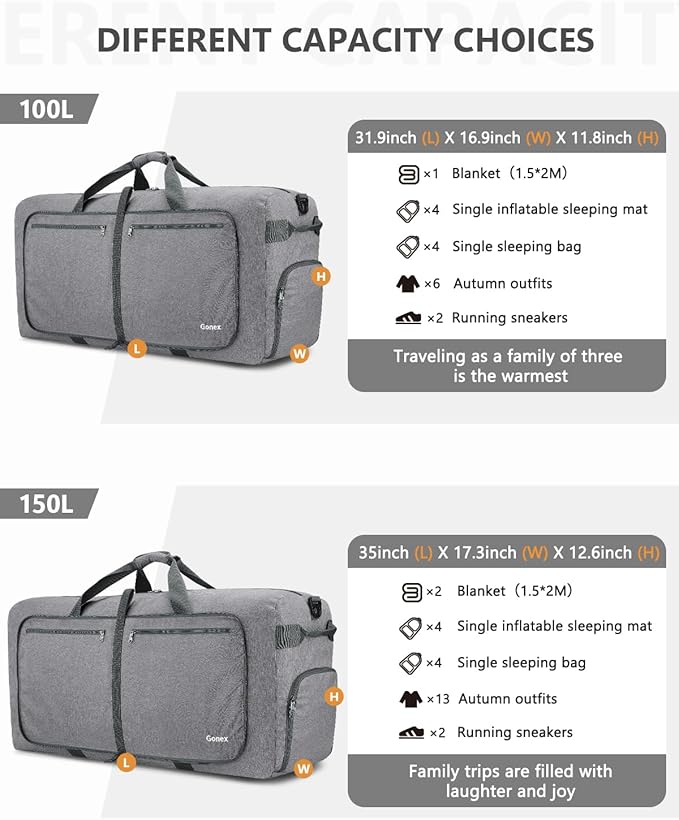 Gonex 40L 60L 80L 100L 150L Large Foldable Travel Duffle Bag with Shoes Compartment, Packable Lightweight Water Repellent Duffel Bag for Camping Gym Weekender Bag