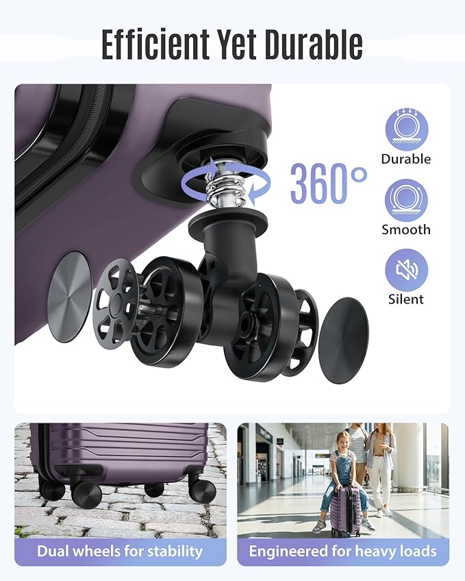 LIGHT FLIGHT Expandable Carry On Luggage 22x14x9 Airline Approved with Double Spinner Wheels, 20 Inch Lightweight Hard Shell Rolling Suitcases with TSA Lock, Purple