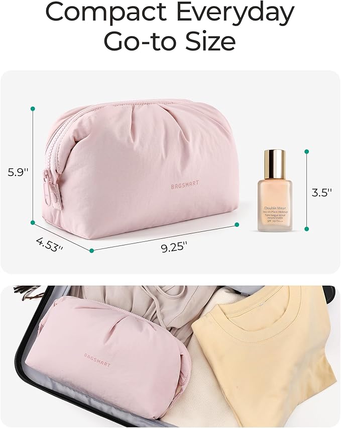 BAGSMART Makeup Bag Travel Makeup Bag, Cute Make Up Bag, Large Capacity Cosmetic Bags for Women, Wide-open Makeup Pouch Travel Essentials Toiletries Accessories Brushes (Black)