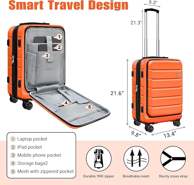 SmileLine 20 inch Carry-On, Lightweight Hardside Suitcase, Expandable Small Suitcase with Front Pocket, Orange