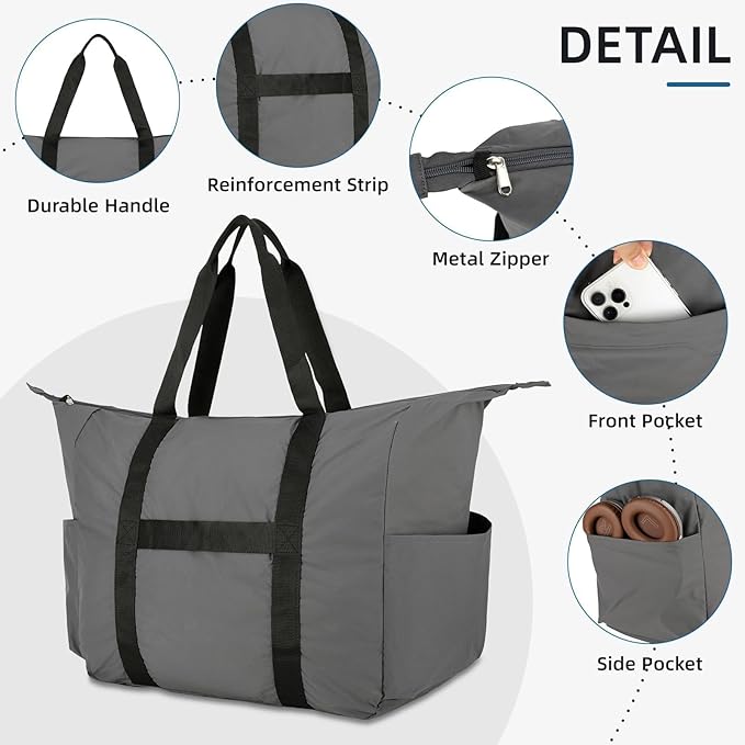 50L Foldable Duffle Bag, Lightweight Travel Duffel Bag with Tear Resistant for Men Women, gray