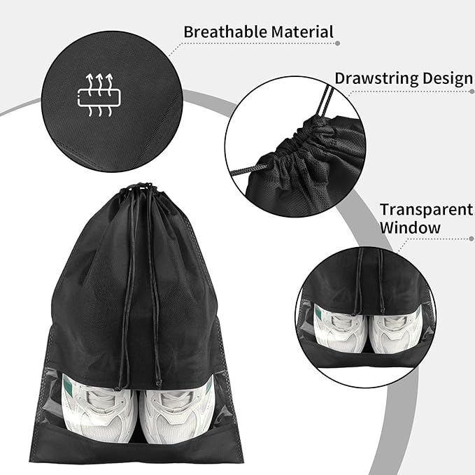 Large Black Travel Shoe Bags - 5 Pcs with Clear Window, Non-Woven Drawstring, 12.6" X 17.3" for Men Women