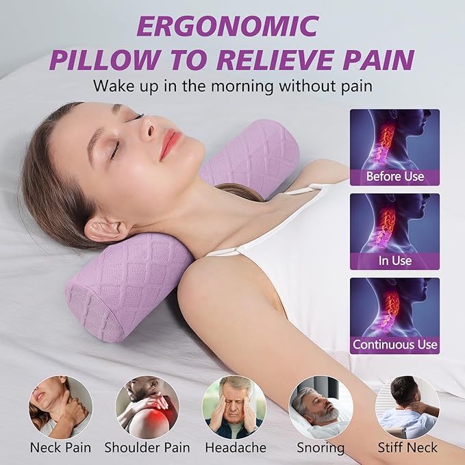 Cozyhealth 3.1" H Small Cervical Roll Pillow, Medium Soft Memory Foam Neck Round Pillow Cylinder Bolster Pillow for Sleeping, Round Neck Support for Bed, Legs, Back and Yoga (Purple, Small - 3.1" H)
