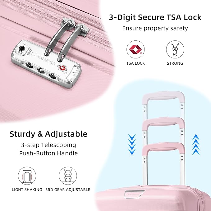 LARVENDER Luggage Sets 3 Piece with Duffel Bag Hardside PP Carry On Suitcase with 360° Spinner Wheels TSA Lock Luggage Sets for Women, Orchid Pink