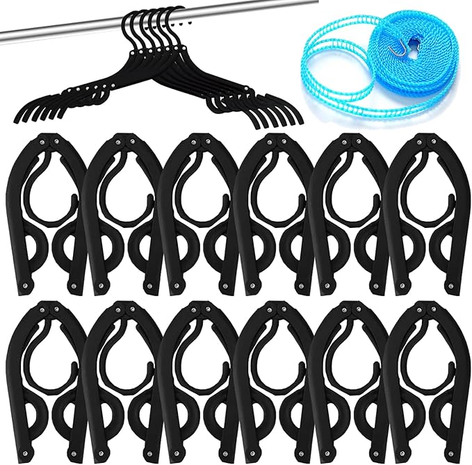12 PCS Travel Hangers,Portable Folding Clothes Hangers Travel Accessories,Foldable Drying Rack,Black Non Slip Clothing Hangers with Clotheslines