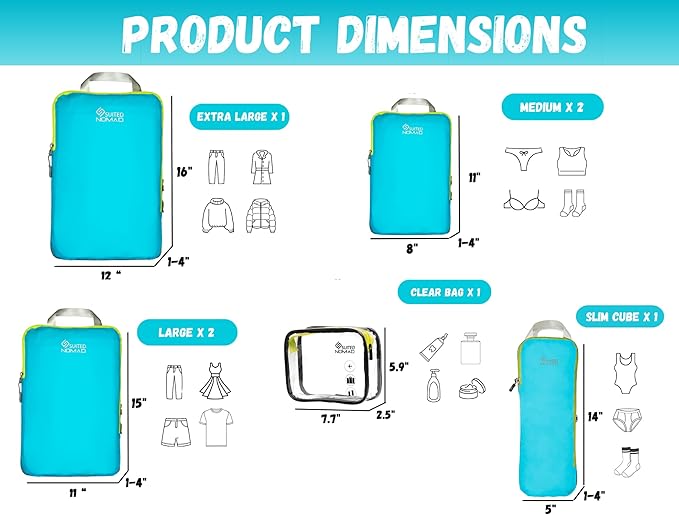 SUITEDNOMAD Ultralight Compression Packing Cubes Set, Suitcase and Backpack Travel Organizer Bags (Turquoise, 7Piece)