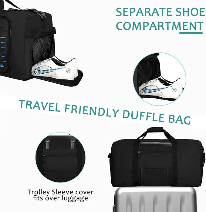 Foldable Travel Duffle Bag for Men Women, Waterproof with Shoe Compartment, 80L 120L Large Collapsible Luggage Bag, Lightweight Packable Duffel for Travel Sports Gym Airline Carry On Checked Bag