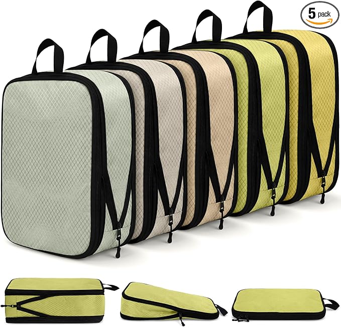 5 Pack Compression Packing Cubes for Travel Space Saving Cubes Luggage Organizer for Suitcase(Cream,M)