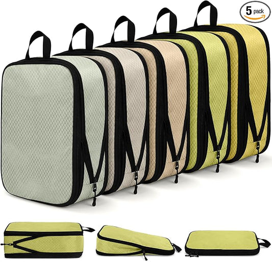 5 Pack Compression Packing Cubes for Travel Space Saving Cubes Luggage Organizer for Suitcase(Cream,M)