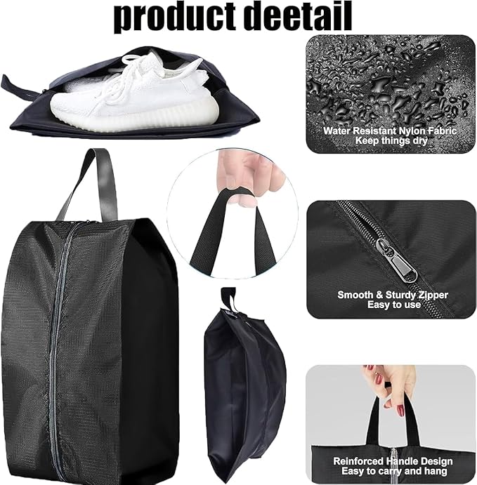 5Pcs XL Travel Shoe Bags Portable Travel Gifts Shoe Organizer with Zipper Closure, Waterproof Nylon Shoe Storage Organizer with Handle Travel Bags For Men and Women, Black