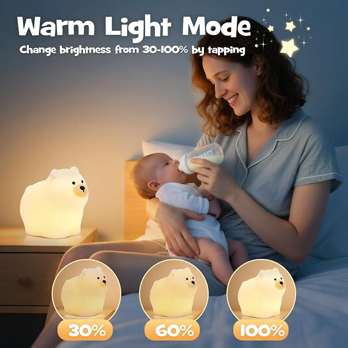 Squishy Polar Bear Night Light with RGB Mode Cute Polar Bear Light 3 Brightness Adjustable Nursery Breastfeeding Nightlight Rechargeable Silicone Touch Bedside Animal Lamp for Bedroom Dorm Decor