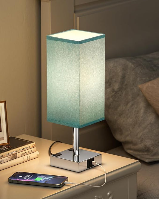 Turquoise Touch Table Lamp for Bedroom - Dimmable, USB C+A, 2 AC Outlets | 3-Way Dimming, 3000K Bulb Included, Square Turquoise Lampshade and Silver Base, Desk Lamp for Nightstand, Living Room, Dorm