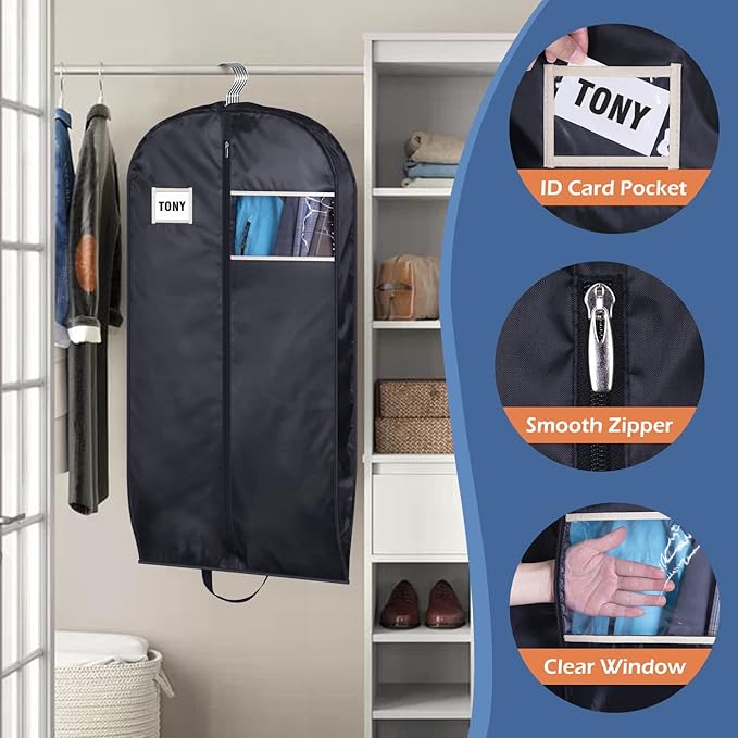 SLEEPING LAMB Water Resistant Suit Bags for Men Travel Gusseted Garment Bags Foldable Closet Hanging Clothes Storage for Coats, Jackets, Shirts, 43'', Black