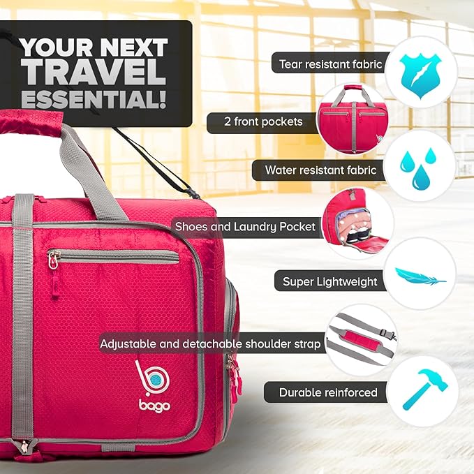Bago Compact Duffle Bag for Travel Women & Men. Durable Lightweight Foldable Travel Duffel Bags For Traveling Women. 40L Duffle Bags a Reliable Weekender duffel or Overnight Bag With Shoe Compartment