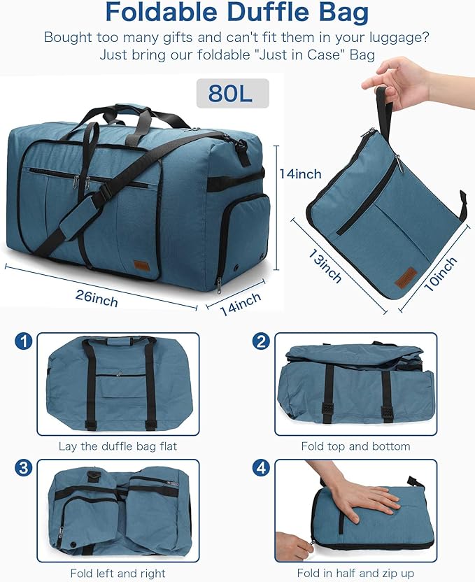80L EXTRA LARGE Duffle Bag for Travel, 26" Foldable Travel Duffel Bag with Shoe Compartment for Men Women, Waterproof & Tear Resistant (Light Blue, EXTRA LARGE, 80L)