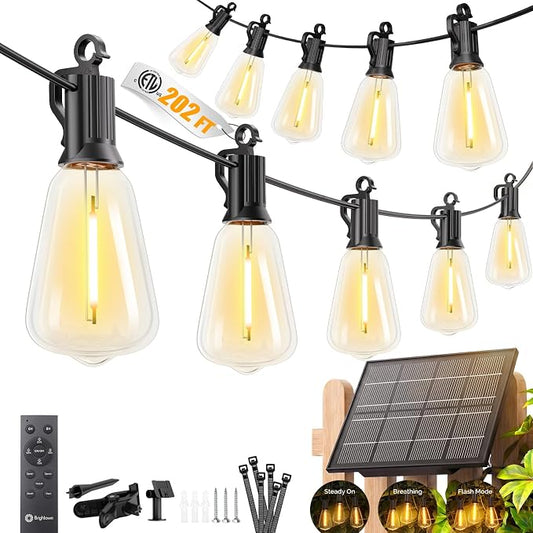 Brightown 202FT Solar String Lights Outdoor Waterproof, 26Hrs Runtime | 65+2 LED Bulbs, USB & Solar Powered, Remote Control & Dimmable Timer, Ideal for Backyard, Garden, Camping & Party Decor