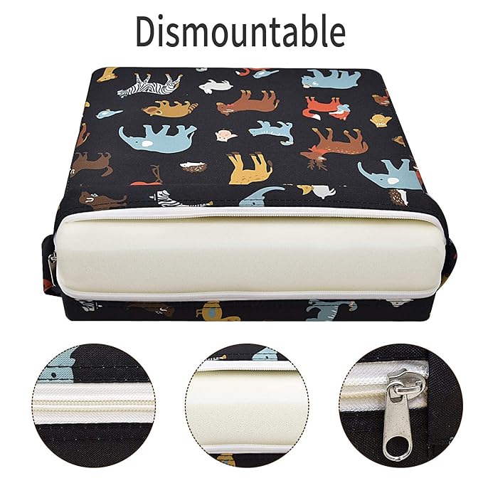Toddler Booster Seat Dining, Cartoon Canvas Washable 2 Straps Safety Buckle Kids Booster Seat for Dining Table, Portable Travel Increasing Cushion (Elephant-Black)