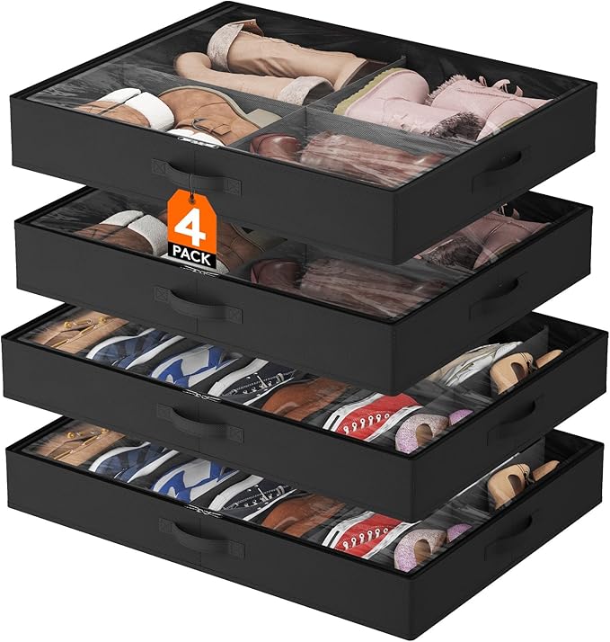 Lifewit Under Bed Shoe Storage Organizer 4 Pack(2x14 Pairs+2x4 Pairs), 4.3" Tall Fabric Shoes Container Box, Foldable Closet Shoe Bag with 2 Reinforced Handles and Clear Cover, Black