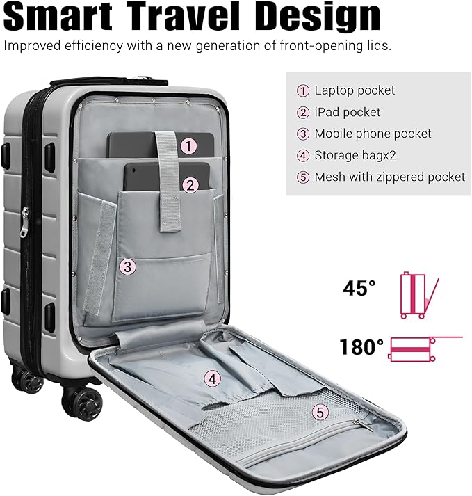 SmileLine 3-Piece Luggage Set Lightweight Hardside Suitcase TSA Lock Spinner Wheels, 20" Expandable Carry-On Luggage with Quick Access Front Open Pocket, Bonus Makeup Bag,Silver