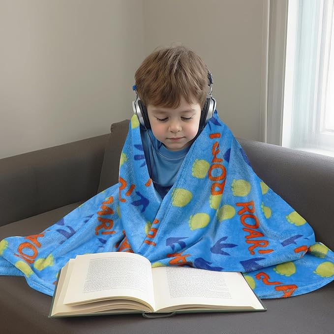 3 in 1 Travel Pillow and Blanket Set for Kids,Soft Travel Blanket Airplane Campact with Bag,Pillow Blanket for Boys with a Pocket,Backpack Clip, Luggage Sleeve (Dinosaur)