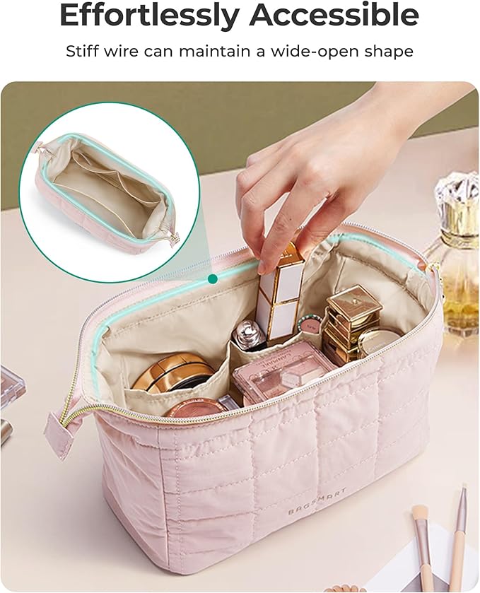 BAGSMART Makeup Bag Travel Toiletry Bag, Puffy Padded Make Up Bags for Women Makeup Organizer Case, Wide-open Pouch Purse Travel Essentials Toiletries Accessories Brushes, Ditsy Cherry
